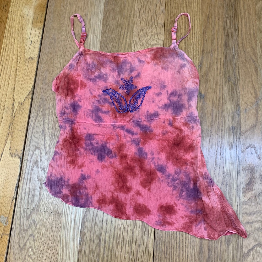 Y2K Funky People Pink Purple Tie Dye Cotton Camisole Asymmetrical Boho Top Small